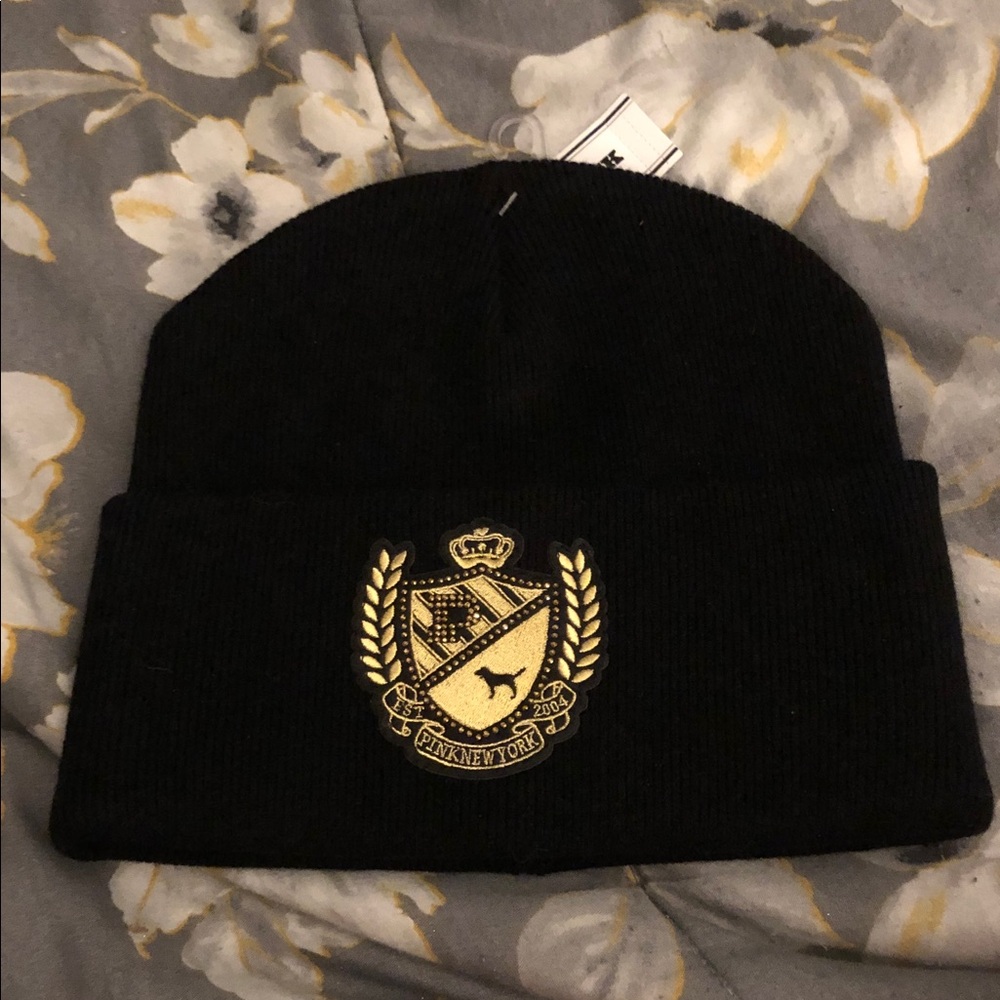 Pink Victoria’s Secret Black and Gold Beanie Hat